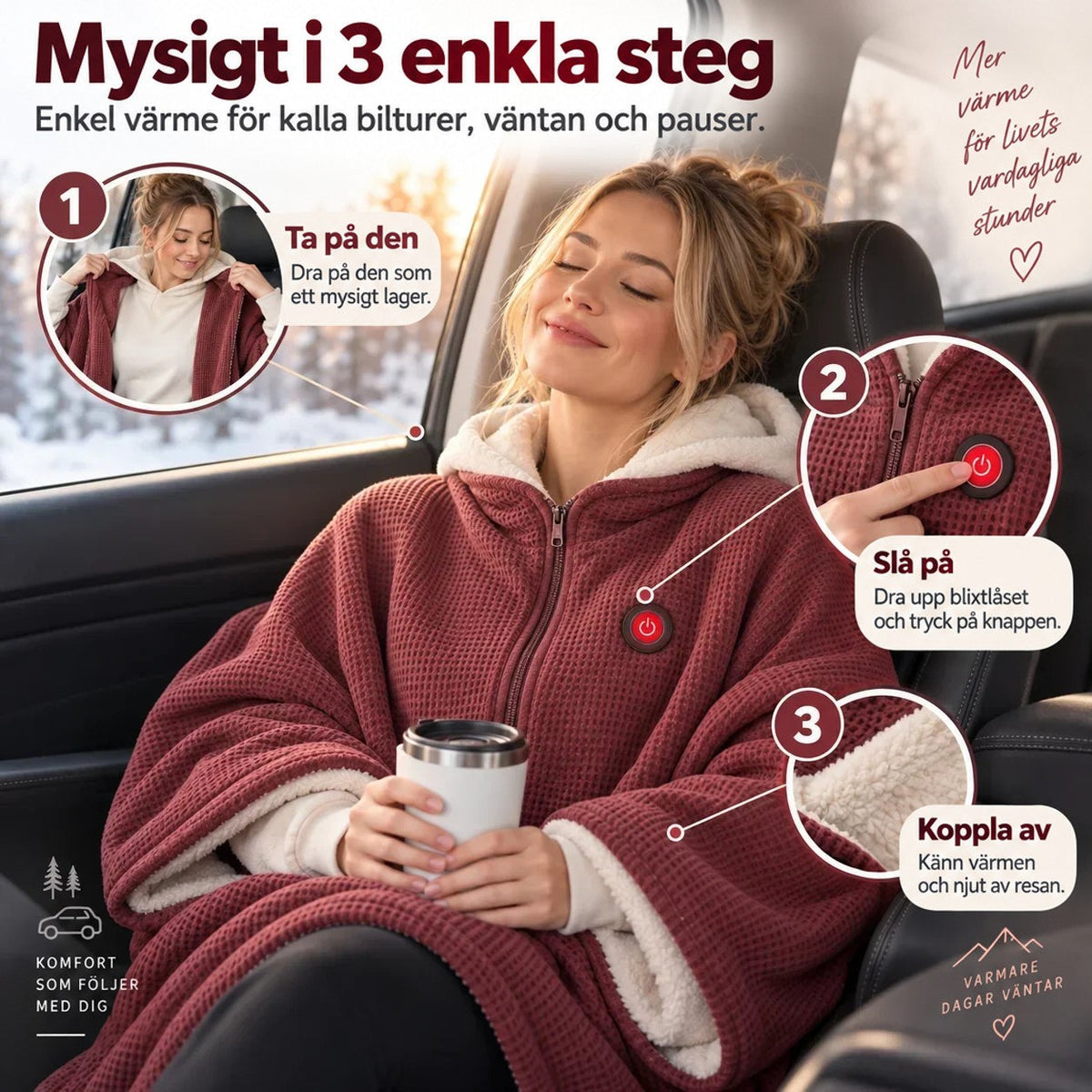 Kvinna i bil med röd poncho och huva, med tre steg: ta på, starta, slappna av 5