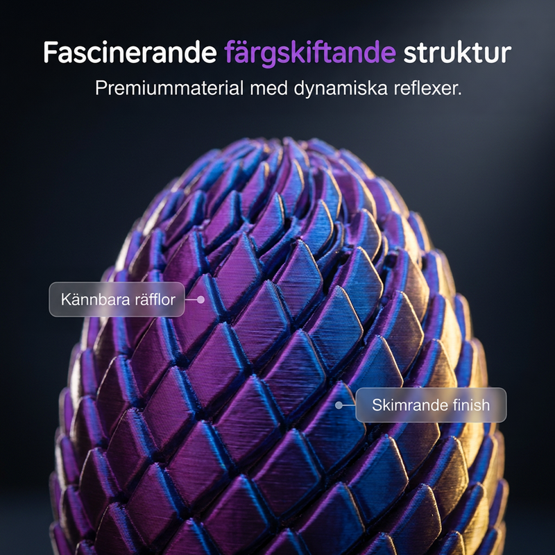 Närbild på drakäggets fjälliga yta mot mörk bakgrund, med skiftande lila och blå färger och tydliga upphöjda ryggar. 5