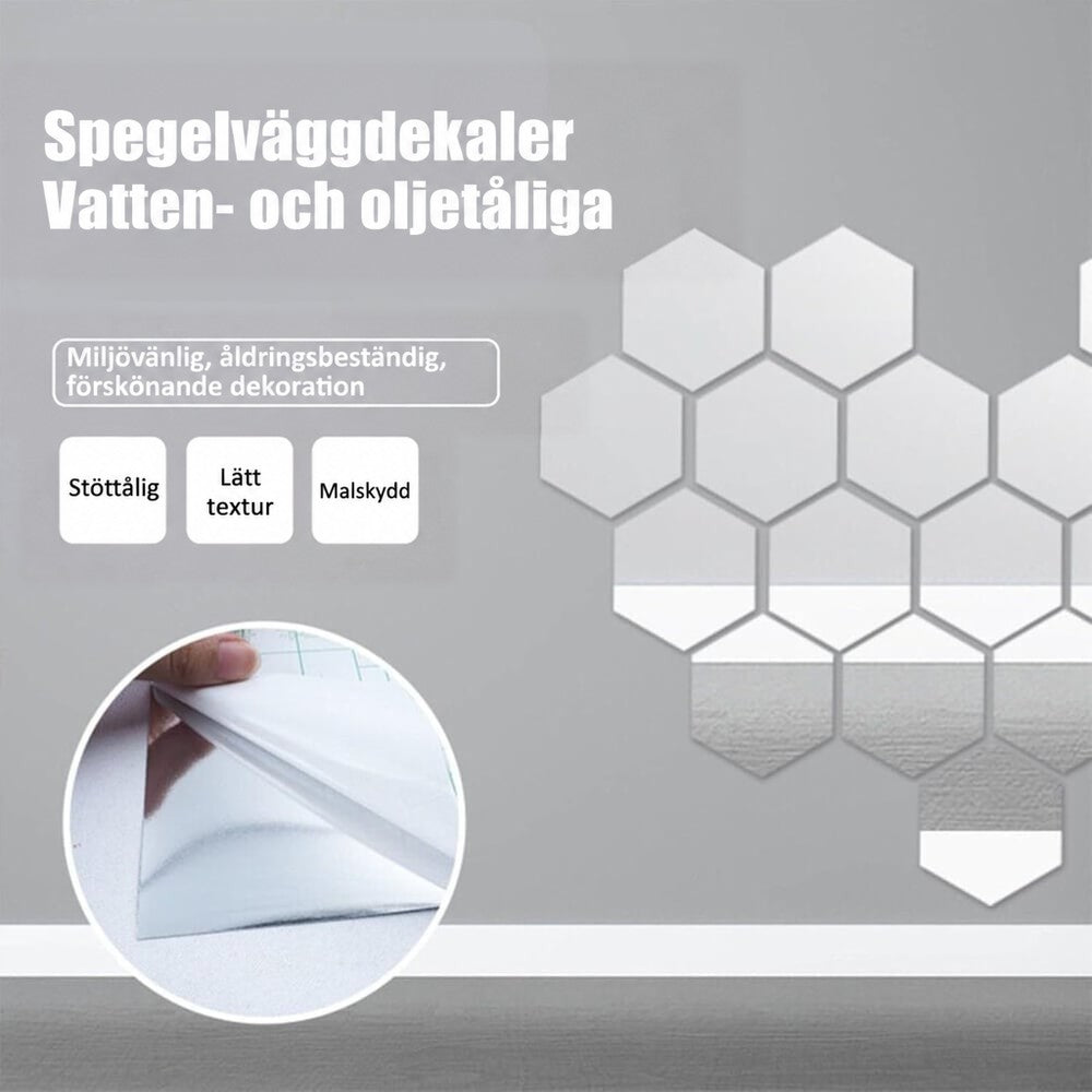 Sexkantiga spegelark på en grå vägg med en cirkelinfälld närbild på en hand som drar loss skyddspapperet. 4