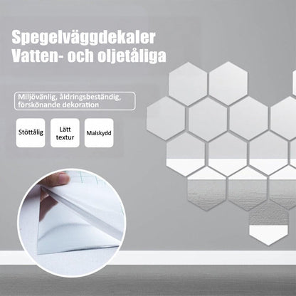 Sexkantiga spegelark på en grå vägg med en cirkelinfälld närbild på en hand som drar loss skyddspapperet. 4