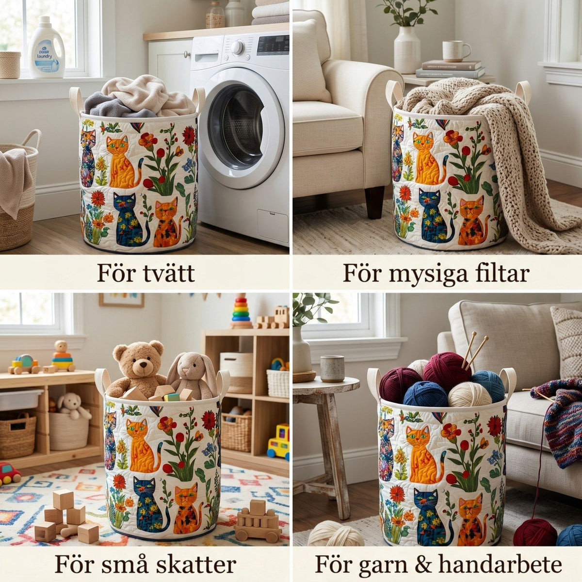 Fyra bilder visar korgen i olika användningar: med tvätt, med filtar, med leksaker och med garnnystan. 2