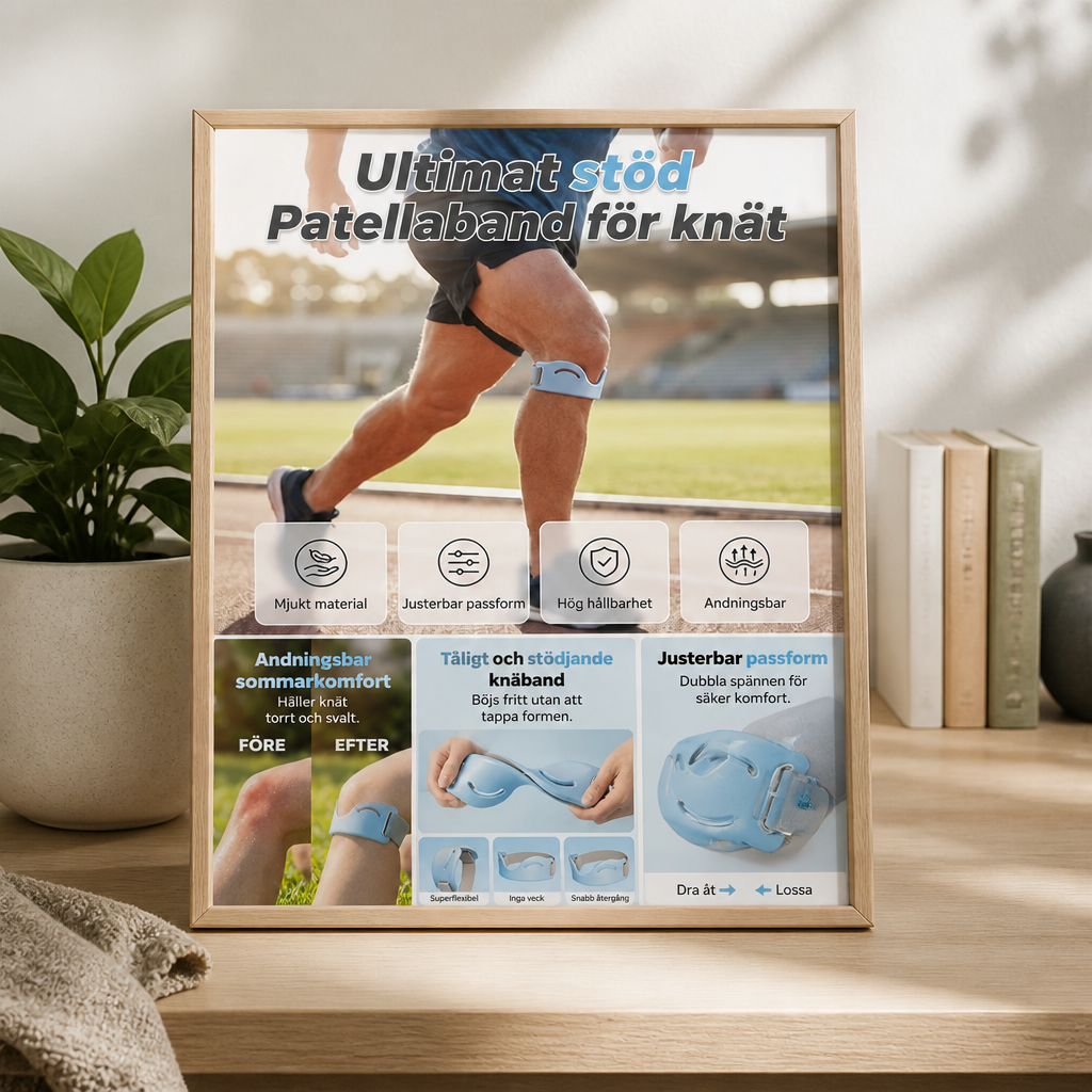 Inramad produktaffisch på en hylla bredvid en växt och böcker, med användningsbild och närbilder på knästödets flexibilitet och spännen. 3