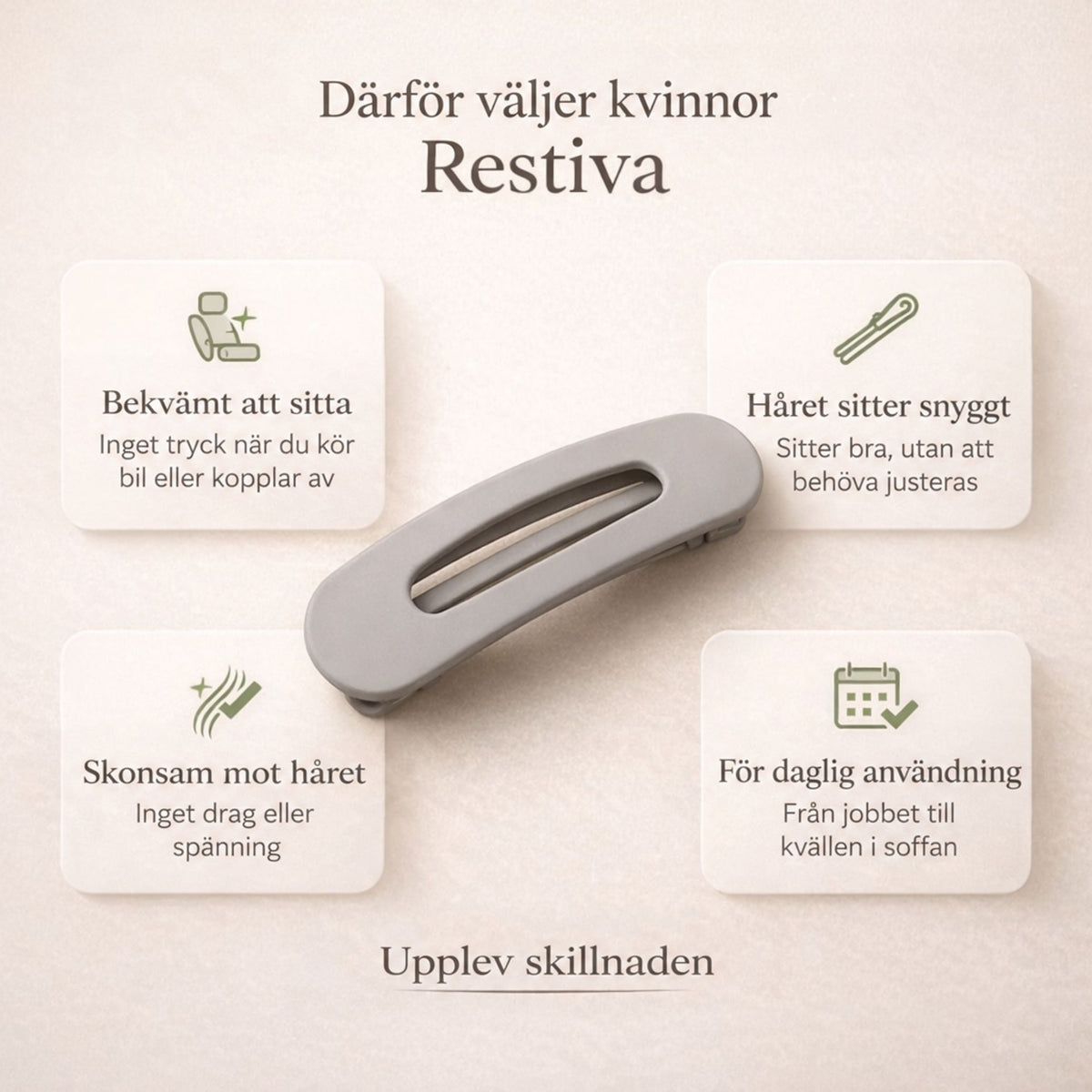 Grå hårklämma omgiven av fyra rutor med ikoner som visar fördelar som komfort och mjukhet mot håret 3