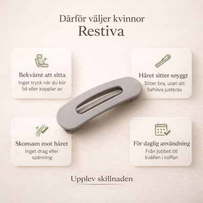 Grå hårklämma omgiven av fyra rutor med ikoner som visar fördelar som komfort och mjukhet mot håret 3
