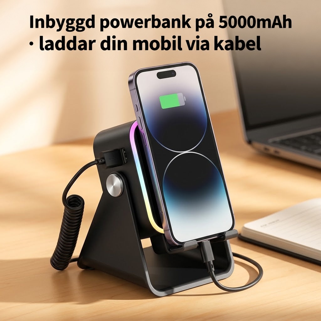 Mobil laddas via kabel från ställets inbyggda powerbank, med spiralkabel och laptop på skrivbordet 5