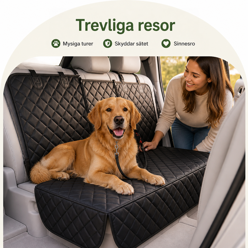 Leende kvinna lutar sig in i bilen medan en golden retriever ligger på det svarta quiltade baksätesskyddet. 5