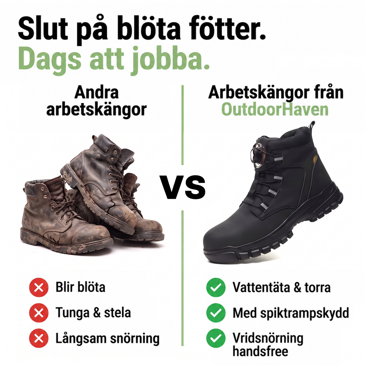 Jämförelsebild: slitna, leriga bruna kängor till vänster och den svarta kängan med vridlås till höger 4