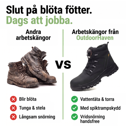 Jämförelsebild: slitna, leriga bruna kängor till vänster och den svarta kängan med vridlås till höger 4