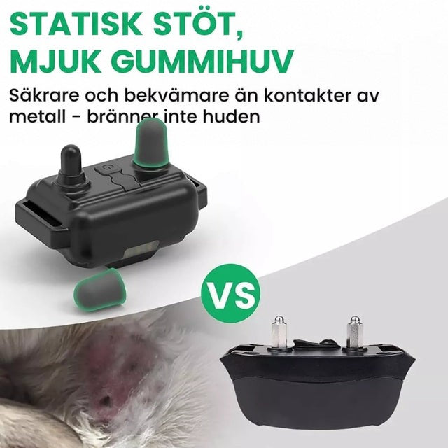 Mottagare med mjuka gummitoppar jämfört med en modell med metallkontakter, intill närbild på hundens hud 3