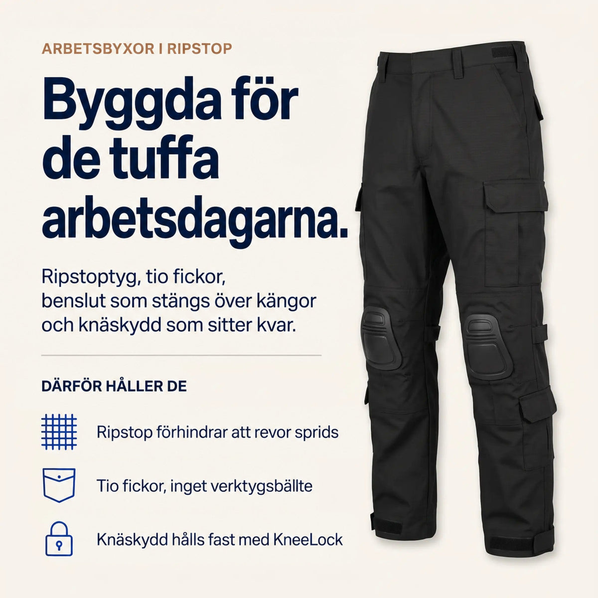 Informationsbild med svarta arbetsbyxor i ripstop till höger och korta förklaringar om tyg, fickor och knäskydd till vänster. 4
