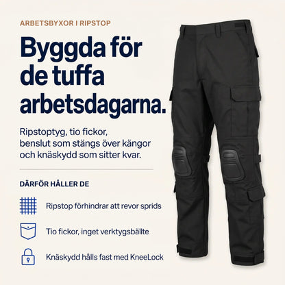 Informationsbild med svarta arbetsbyxor i ripstop till höger och korta förklaringar om tyg, fickor och knäskydd till vänster. 4