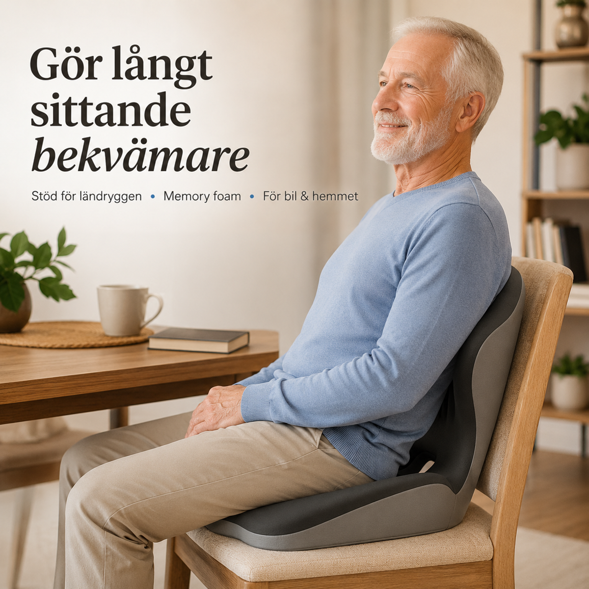 Leende äldre man i blå tröja sitter bekvämt med sittdynan på en trästol vid bord 1