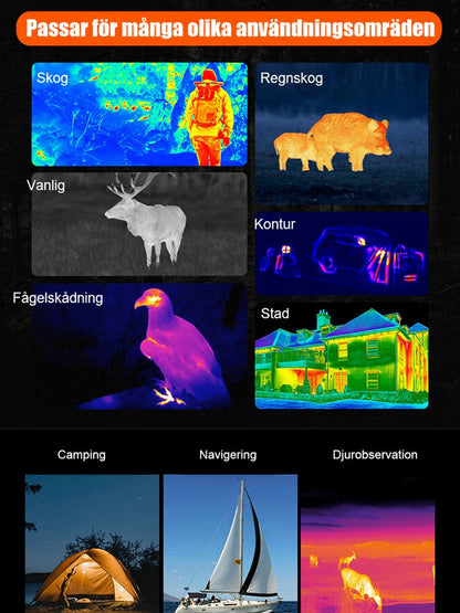 Collage av värmebilder på skog, vildsvin, hjort, örn och hus samt tält, segelbåt och djurobservation 5