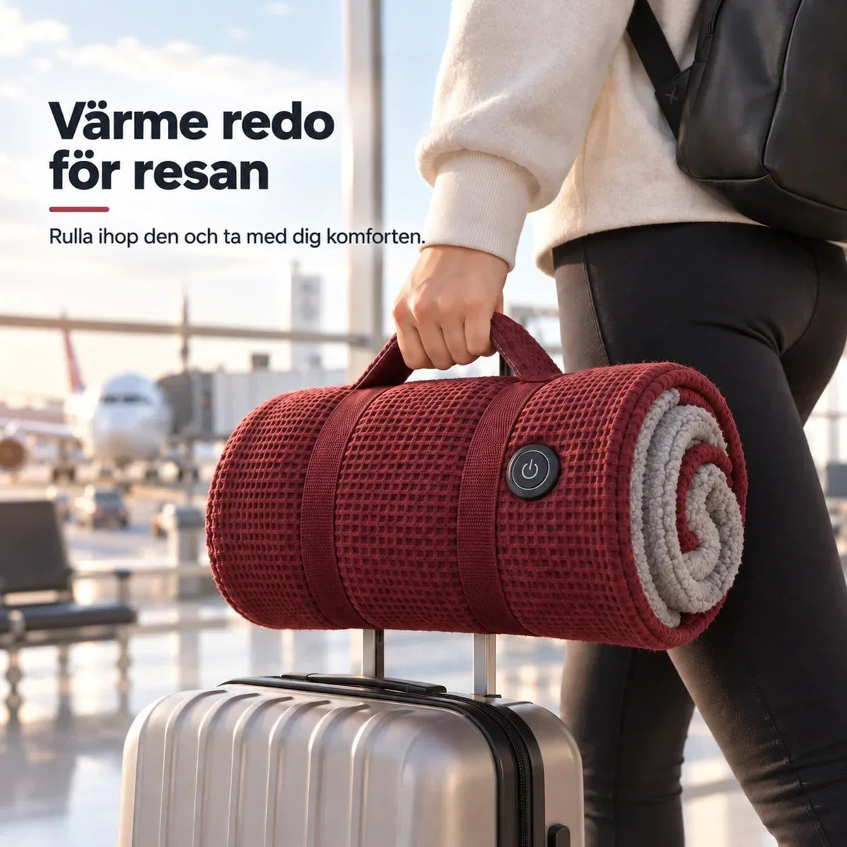 Hopvikt röd filt med bärhandtag och strömknapp hängd på en resväska på flygplatsen 2