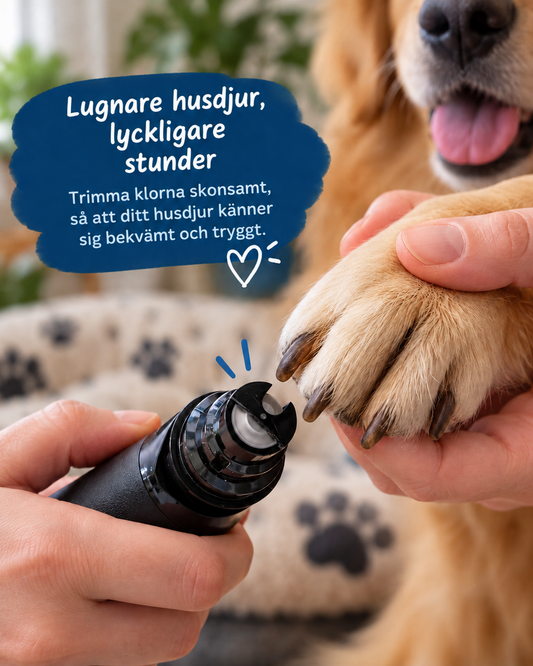 Närbild på två händer som håller en klofil mot en hundtass, med informationstext i blå ruta 2
