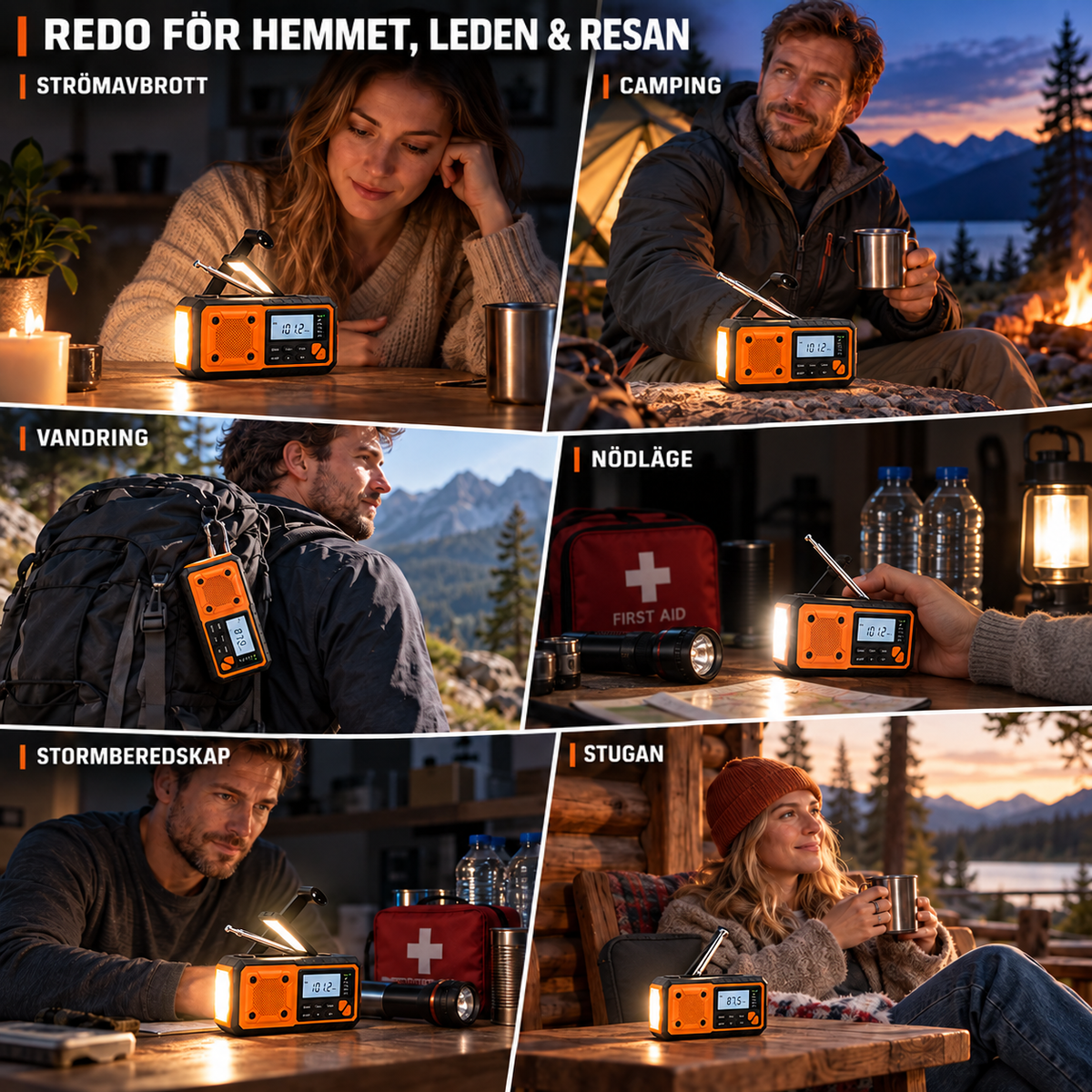 Collage med radion i användning hemma, vid camping, vandring, nödlager, stormförberedelse och på en stuga 9
