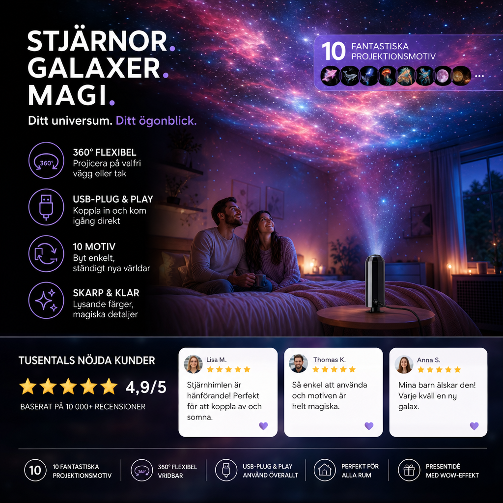 Ett par sitter i en säng under en färgstark galaxprojektion, med projektorn på bordet bredvid 6