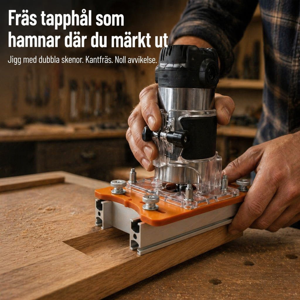 Snickare kantfräser en tapphålsurtagning med mallen, en orange platta med två aluminiumskenor fastspända över ett träämne i verkstaden. 1