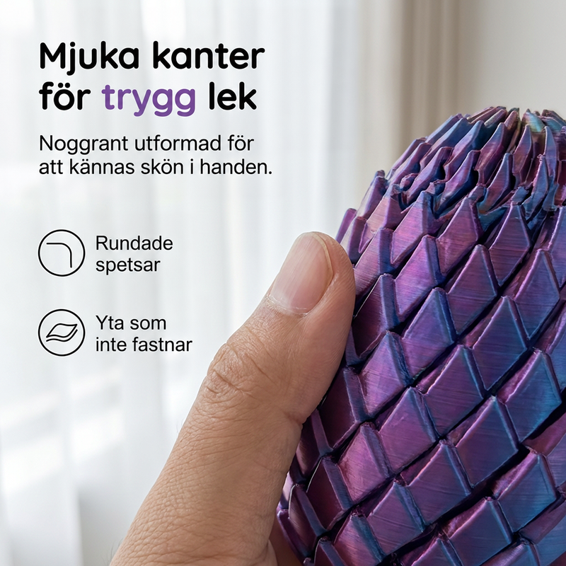 Närbild på en tumme som håller ett lila drakägg, där de rundade fjällspetsarna och den släta ytan syns. 3