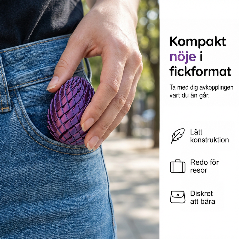 Lila drakägg som dras upp ur ficka på blå jeans, visar hur kompakt och lätt det är att bära med sig. 6