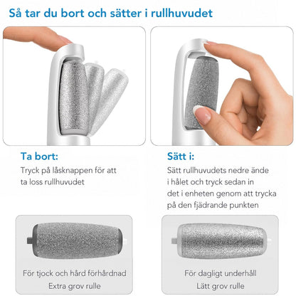 Instruktionsbild som visar hur rullhuvudet tas bort och sätts i, med grov och fin rulle. 4
