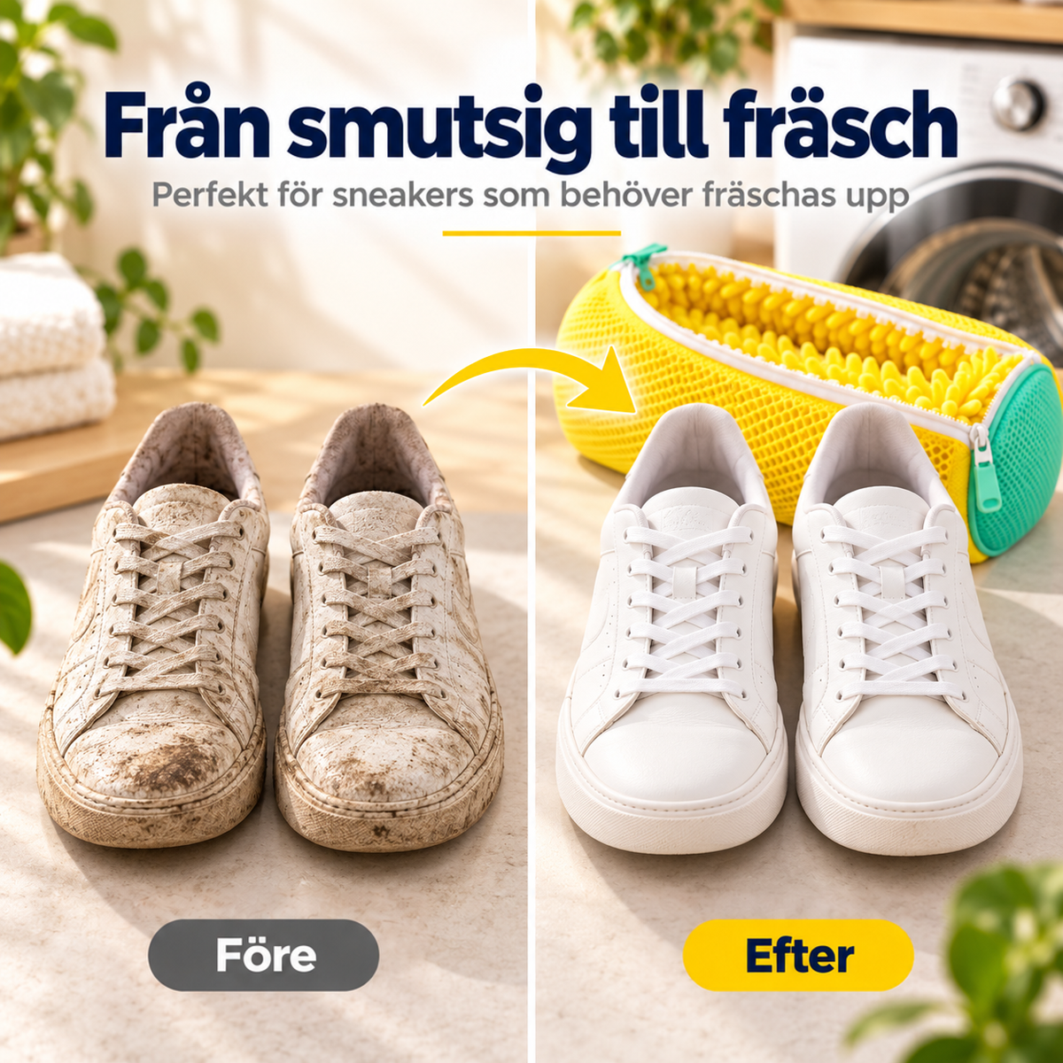 Före och efter: smutsiga sneakers till vänster, rena vita till höger, med den gula påsen bakom 5