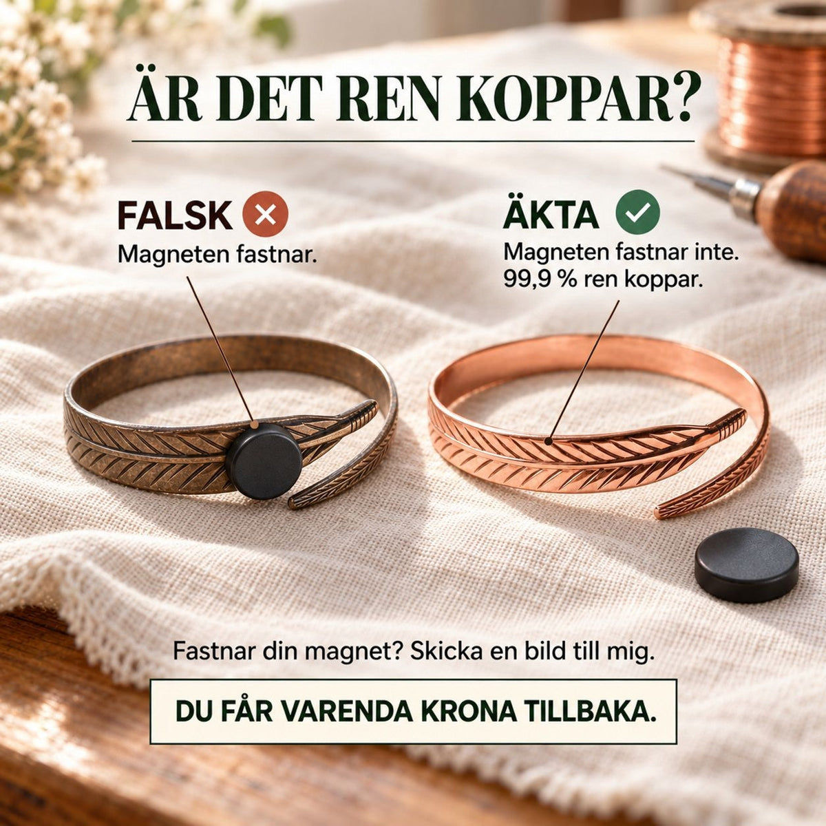 Jämförelsebild med två koppararmband i fjäderdesign och en svart magnet, med textinformation över bilden 3