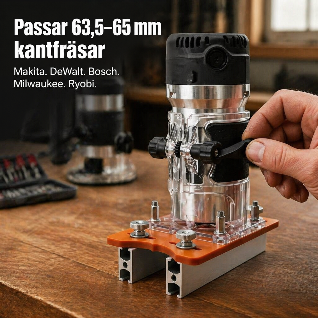Mallen med en kantfräs monterad ovanpå på en träbänk, med en hand som justerar fräsens svarta handtag och fräsbits i bakgrunden. 6