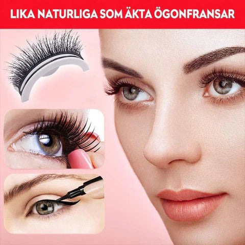 Franspar på vit hållare bredvid närbilder på ögon där fransarna sätts fast, och ett ansikte med naturligt framträdande fransar. 4