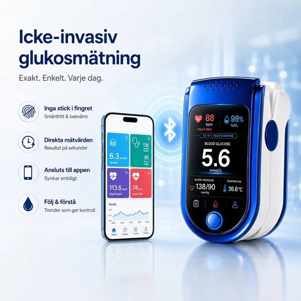 Monitorn med Bluetooth-symbol bredvid en smartphone som visar appens värden och en trendgraf. 10