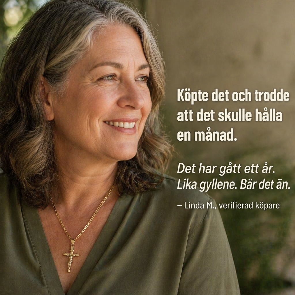Leende gråhårig kvinna i olivgrön blus bär krucifixhalsbandet i guld, med omdömestext vid sidan 7