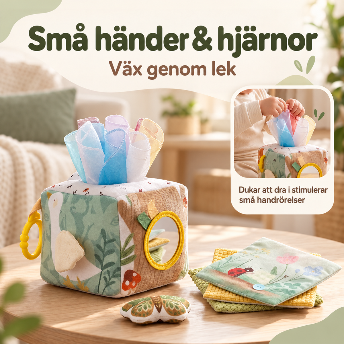 Kuben med utdragna sjalar på ett soffbord, plus en liten bild av ett barn som drar i sjalarna 2