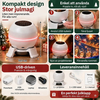 Måttbild med stegen för användning, olika USB-strömkällor och vad som ingår: projektor, USB-kabel och manual 5