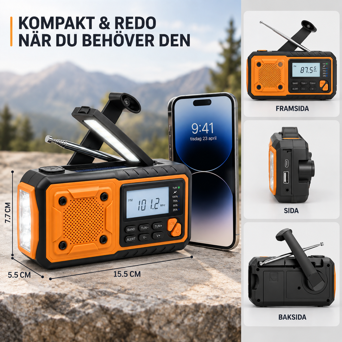 Radion bredvid en mobiltelefon för storleksjämförelse, med små vyer framifrån, från sidan och bakifrån samt mått 3
