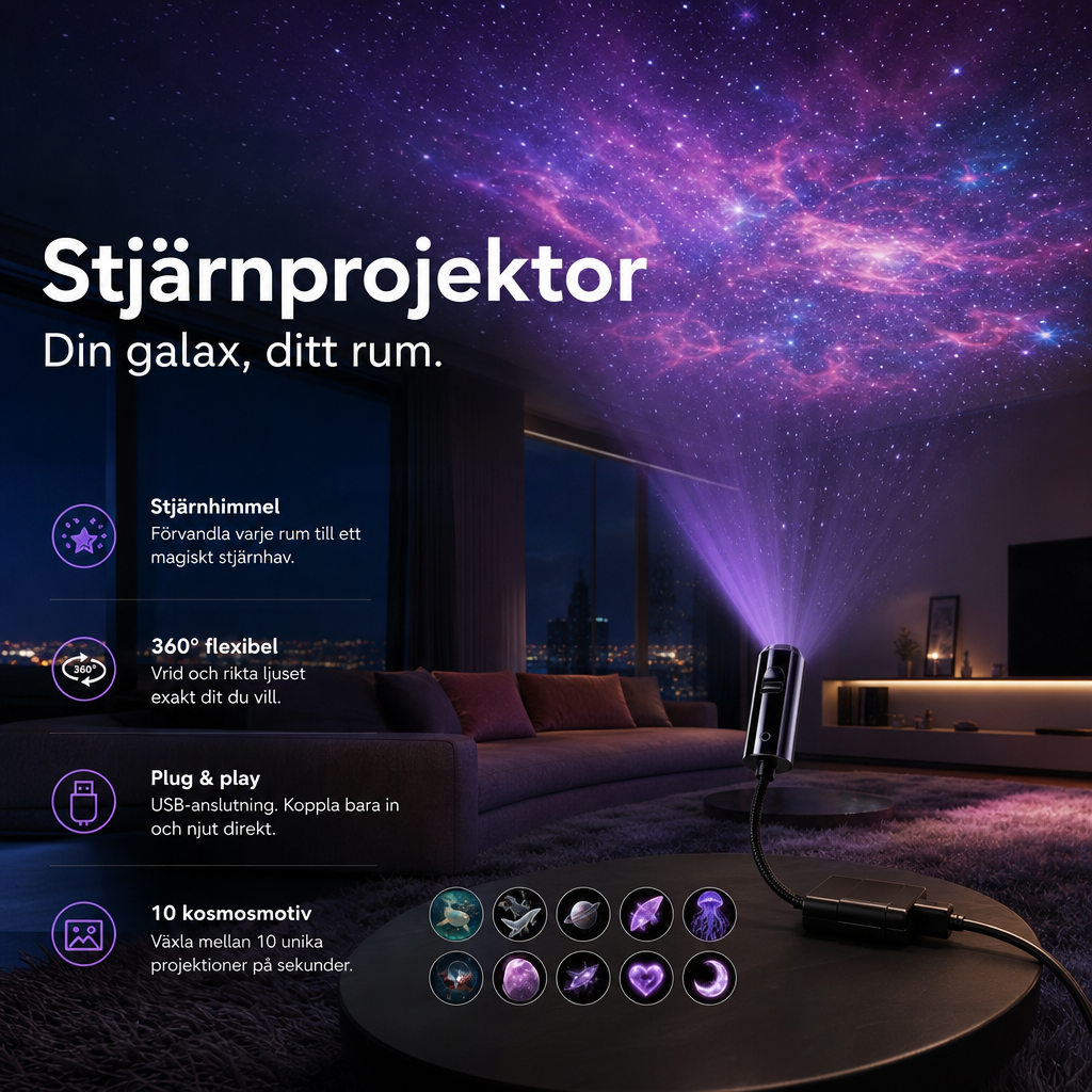 Projektorn står på ett runt bord i ett mörkt vardagsrum och sprider lila galaxljus över taket 5