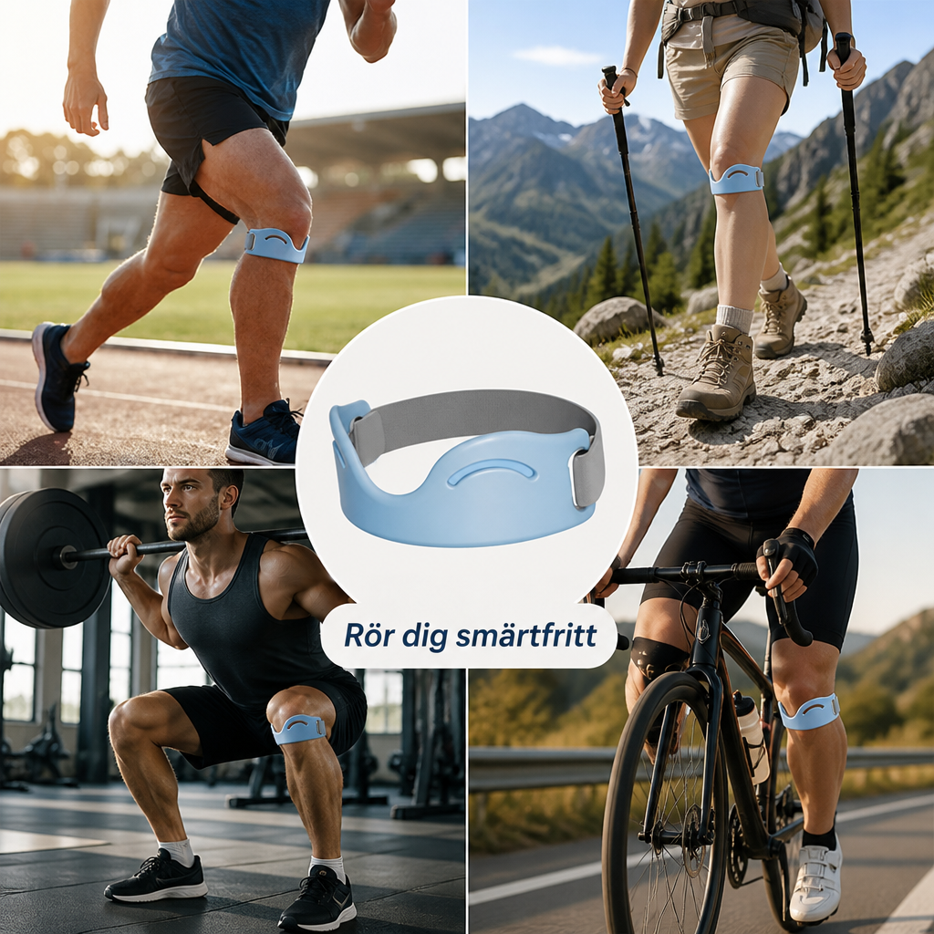 Collage med det ljusblå knästödet i mitten och bärt vid löpning, vandring med stavar, knäböj med skivstång och cykling. 2
