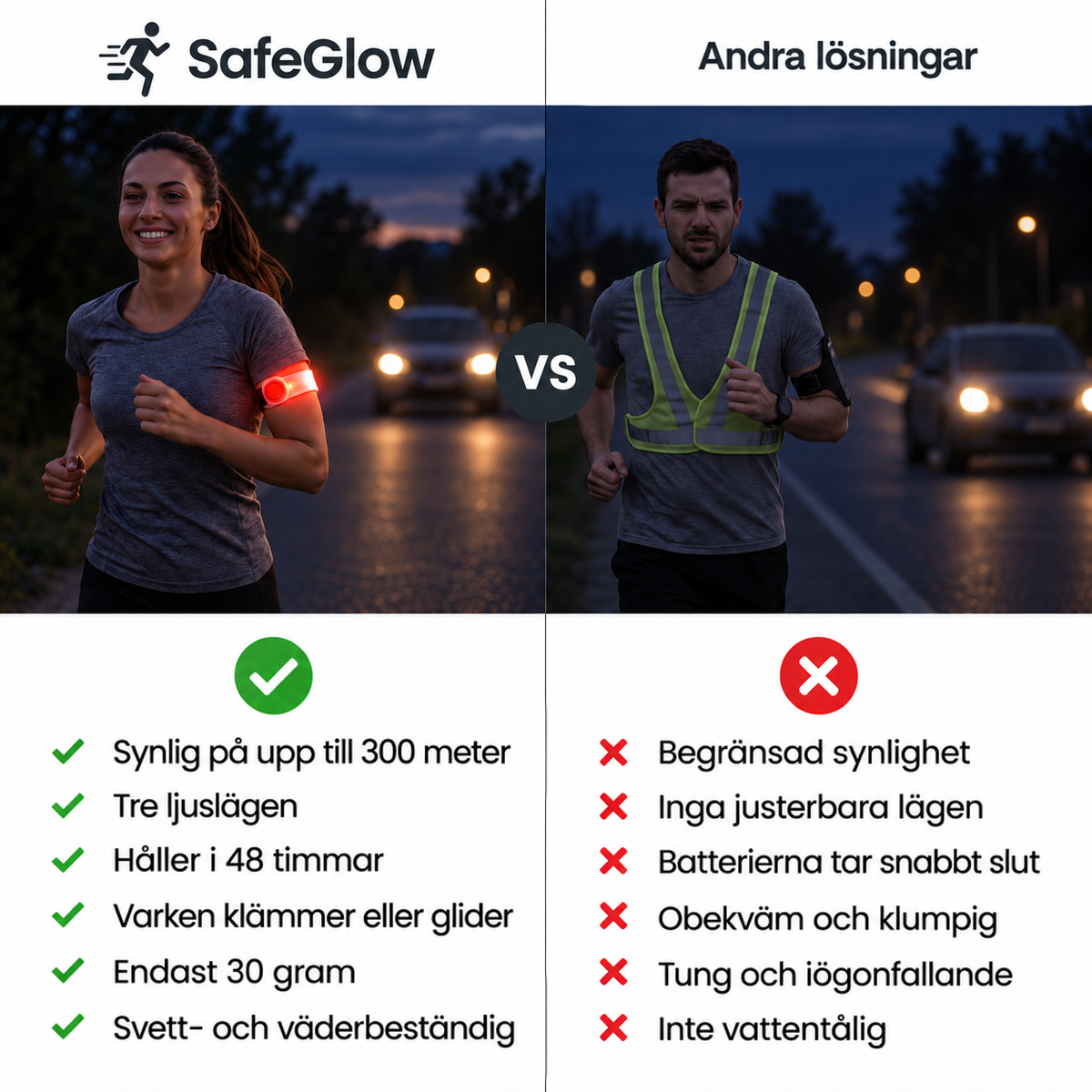 Jämförelse: kvinna med lysande armband mot man i reflexväst, med punktlistor under varje bild 6