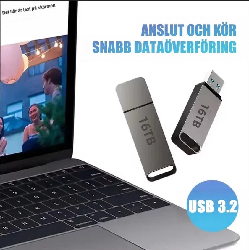 Två minnesstickor med och utan lock bredvid en bärbar dator som visar ett foto 2