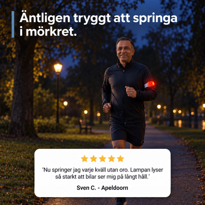 Man joggar i en park på kvällen med rött lysande armband på överarmen, med kundomdöme nedanför 8