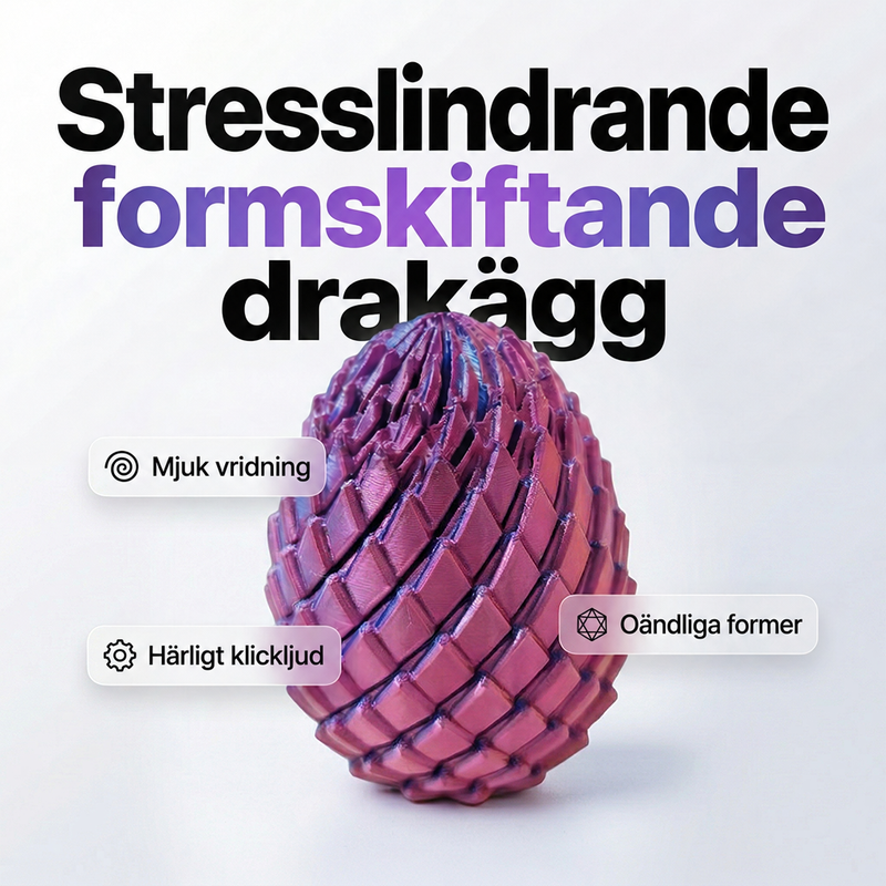 Lila och rosa drakägg med fjällika, vridbara segment stående på vit bakgrund, med små etiketter om vridning och former. 1
