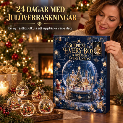Kvinna öppnar en lucka på kalendern och tittar på en julkula, med fler kulor på ett bräde 2