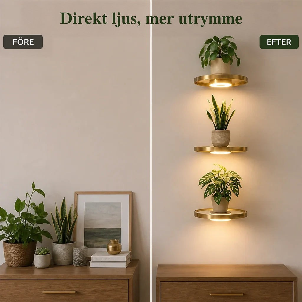 Före och efter: en byrå med krukor mot en tom vägg, bredvid samma vägg med tre upplysta guldfärgade hyllor med växter. 4