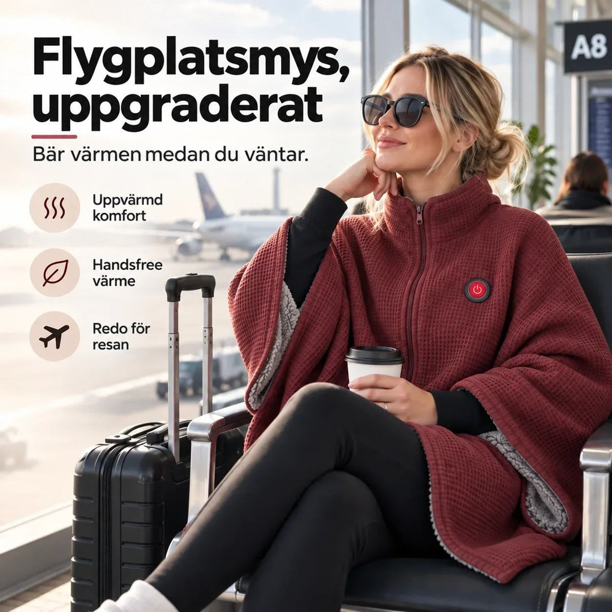 Kvinna med solglasögon sitter på en flygplats i röd vaffelstickad poncho med dragkedja och strömknapp 1