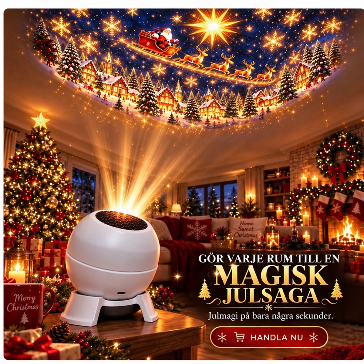 Vit klotformad projektor på ett bord i ett julpyntat vardagsrum, som kastar tomten i släde och en snöby upp i taket. 1