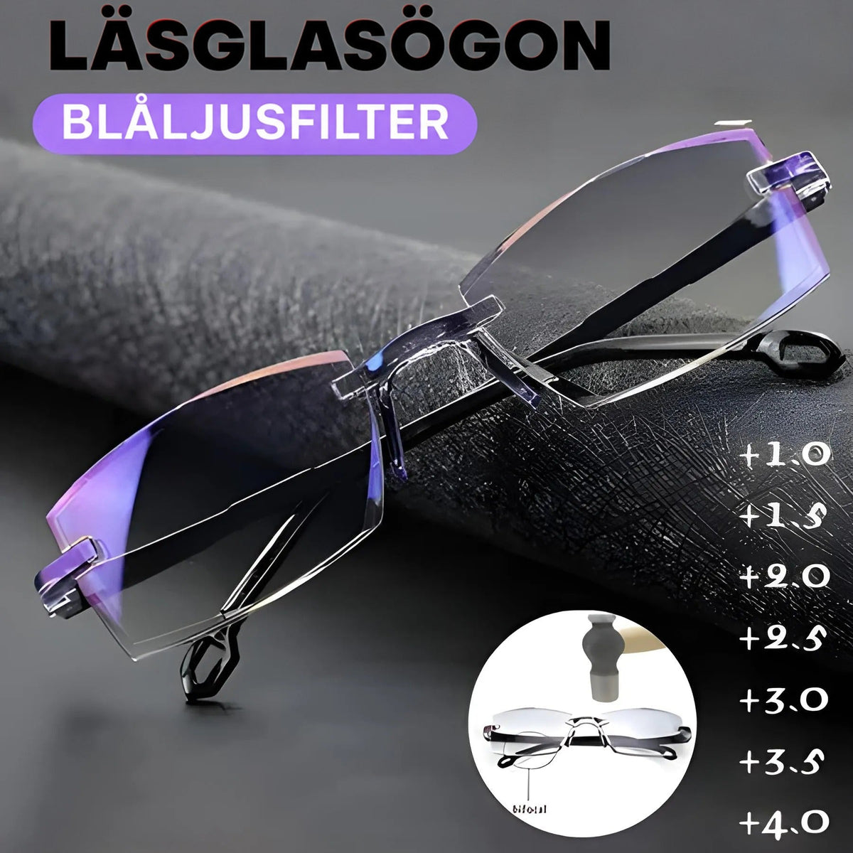 Bågelösa glasögon med blåskimrande glas vilande på ett mörkt texturerat tyg, med en lista över tillgängliga styrkor vid sidan. 2