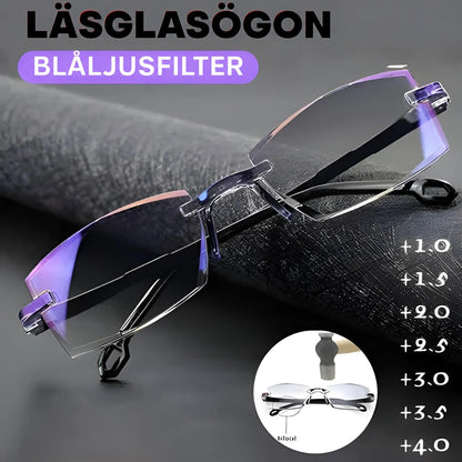 Bågelösa glasögon med blåskimrande glas vilande på ett mörkt texturerat tyg, med en lista över tillgängliga styrkor vid sidan. 2
