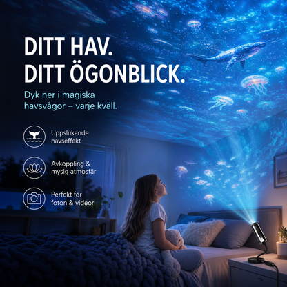 Projektorn på ett nattduksbord kastar ett blått havsmotiv med valar och maneter över tak och vägg 3