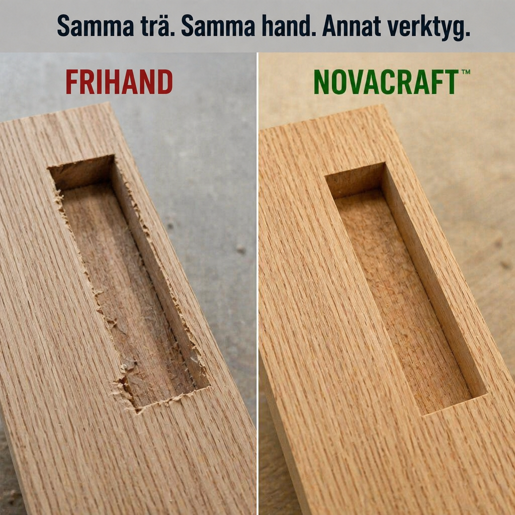 Jämförelse sida vid sida av en ojämn frihandsurtagning och en ren, skarpkantad urtagning fräst med mallen i samma träslag. 5