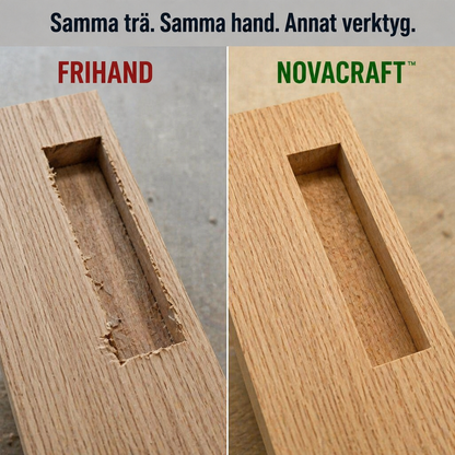 Jämförelse sida vid sida av en ojämn frihandsurtagning och en ren, skarpkantad urtagning fräst med mallen i samma träslag. 5