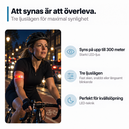 Kvinna cyklar på kvällen med hjälm och ett rött lysande armband på överarmen, med ikoner för funktionerna 3